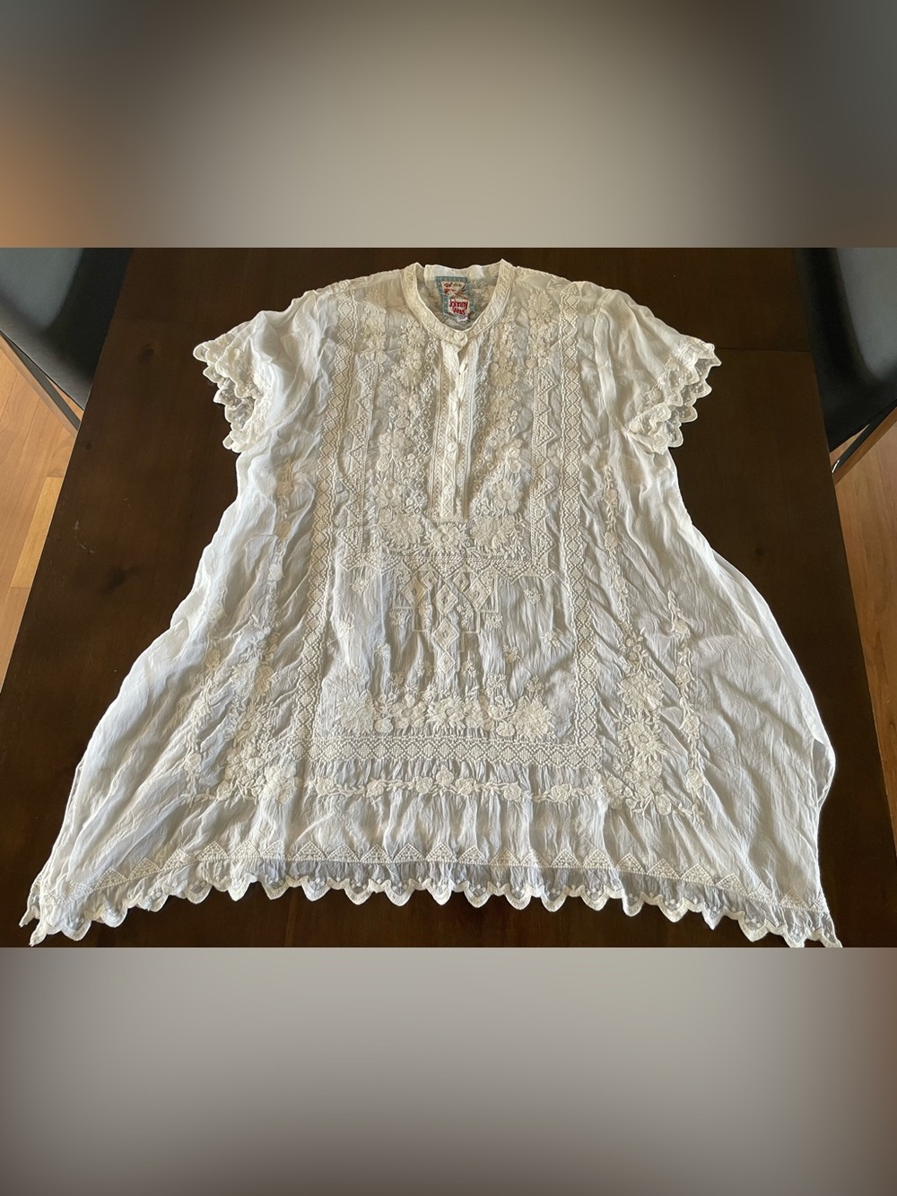 Johnny Was White Embroidered Eyelet Lace Blouse Semi Sheer Sleeve Lg Fairycore
